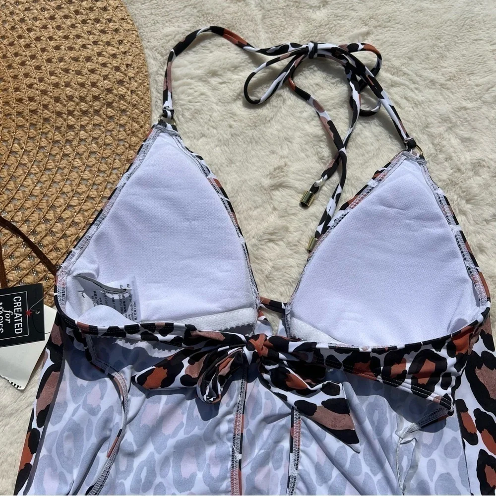 Bar III Leopard Print Halter One Piece Swimsuit Plunge Low Back Size S NWT